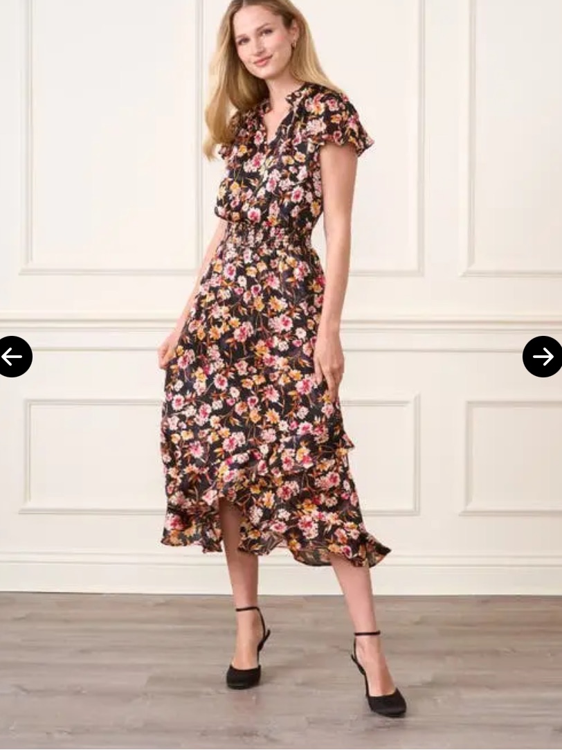 Cece Black Floral Midi Dress With Pink & Cream Blooms